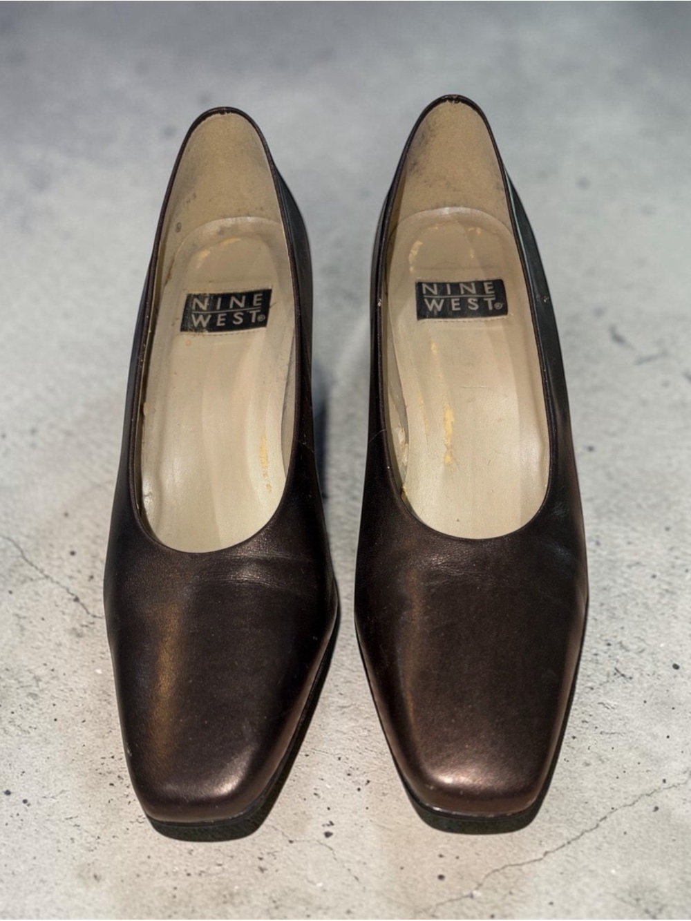 VTG Nine West Dark Brown Leather Square-Toe Pumps 3”